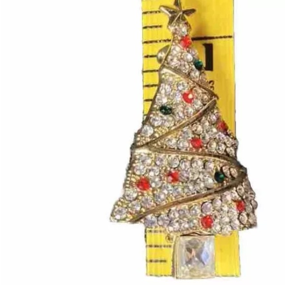 Vintage Christmas Tree Brooch Gold Tone Jewel Encrusted Rhinestones - Picture 4 of 6